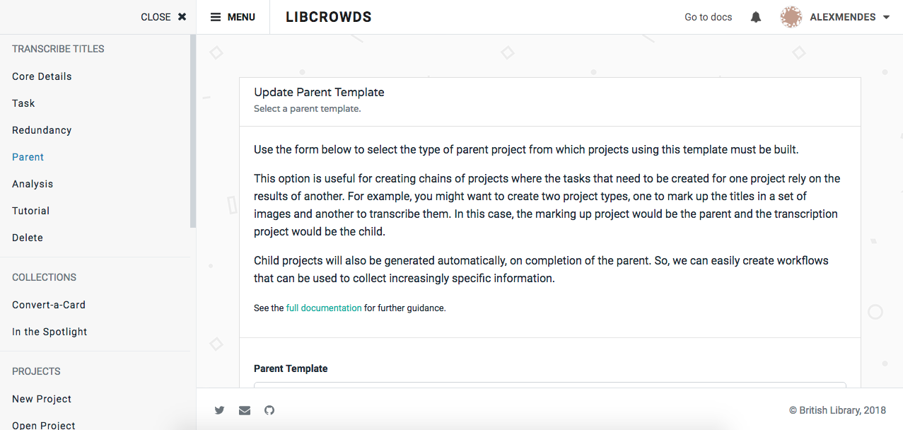 A screenshot of a template's parent admin page