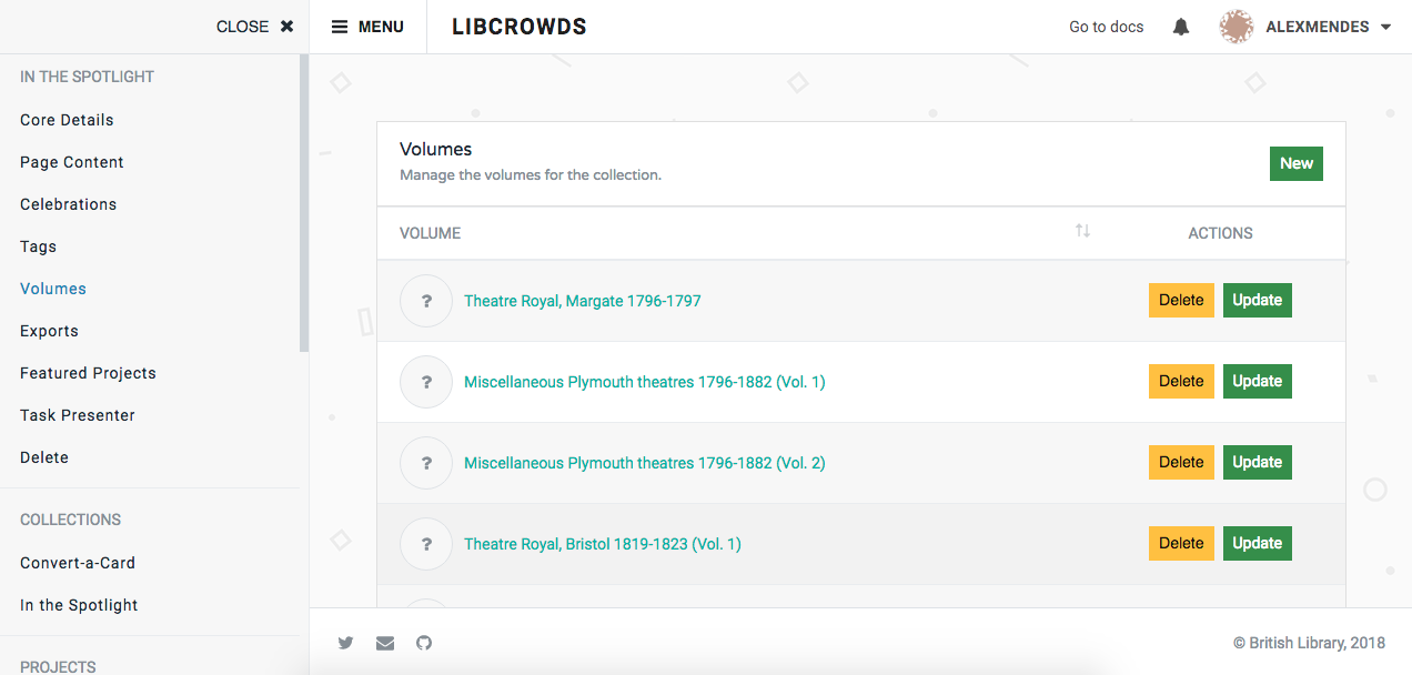 A screenshot of a collection's volumes admin page